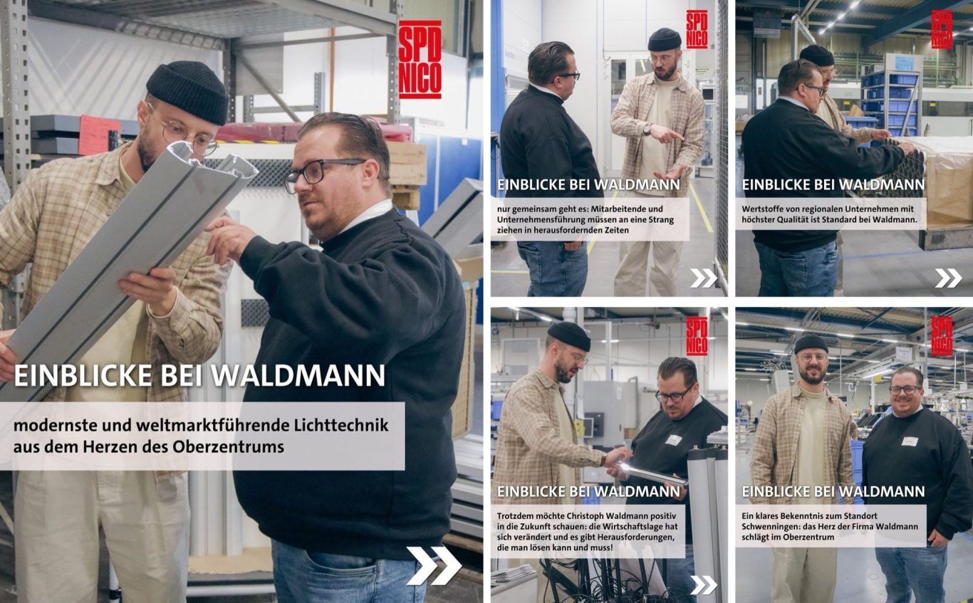 SPD-Landtagskandidat Nicola Schurr besucht die Firma Herbert Waldmann GmbH & Co. KG in Villingen-Schwenningen SPD-Landtagskandidat Nicola Schurr im Gespräch mit Firmeninhaber Christoph Waldmann