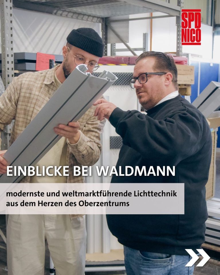 SPD-Landtagskandidat Nicola Schurr im Gespräch mit Firmeninhaber Christoph Waldmann